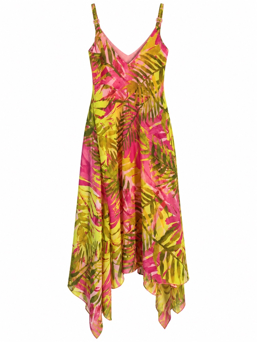 Nina Leonard M Tropical Palm Print Handkerchief Hem Maxi Dress - Picture 2 of 4